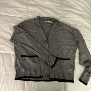 Gray Cardigan Sweater with Black Trim